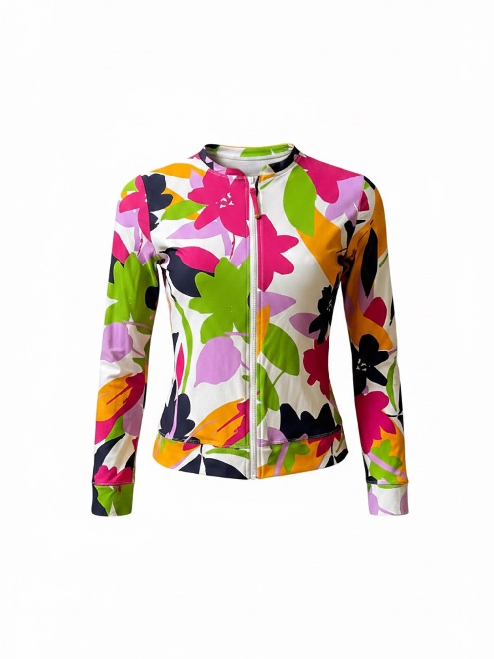 #194, Anne Cole Floral Zip-Front Jacket in Pink, Green, Yellow and Black, size L - Picture 4 of 7